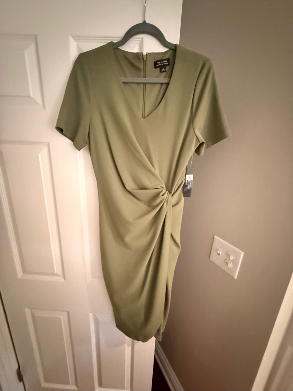 Tahari ASL Olive Green Twist-Front Midi Dress